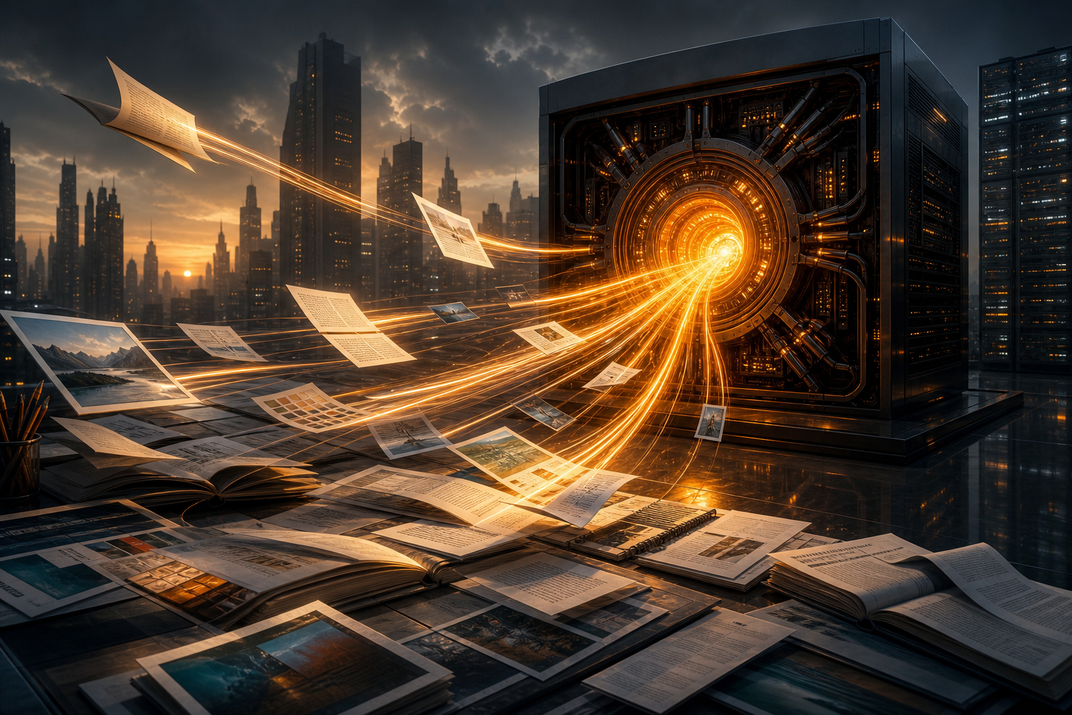Panoramic humanoid AI artwork with a futuristic, moody atmosphere.