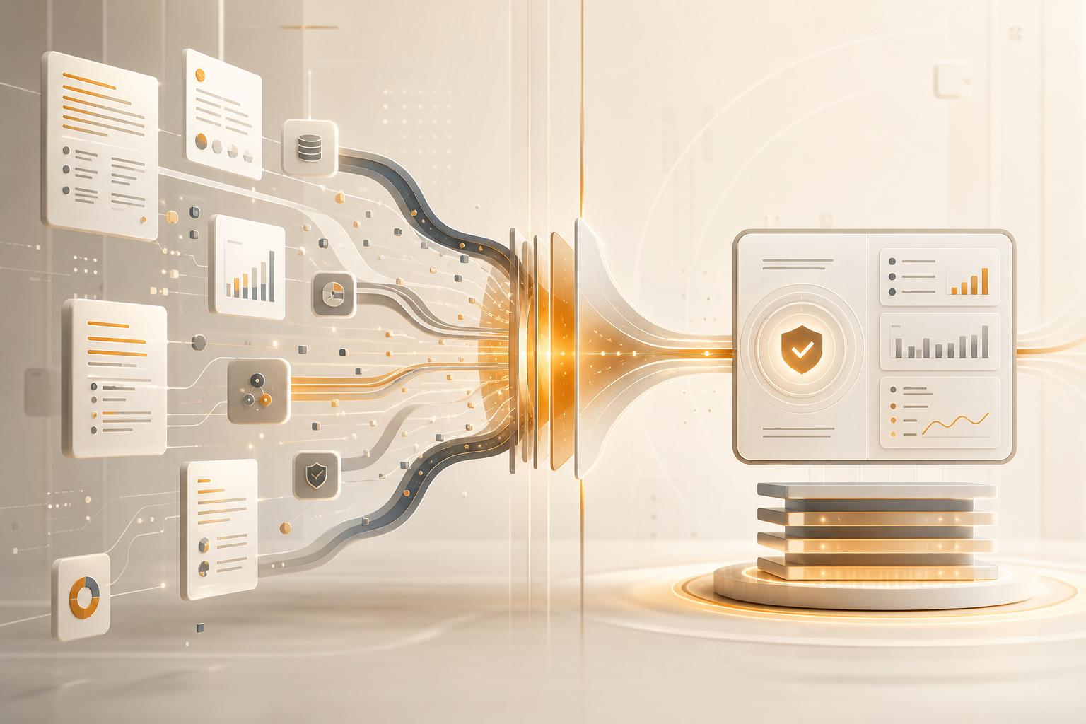 Abstract data exchange interface with connected panels and flow lines.