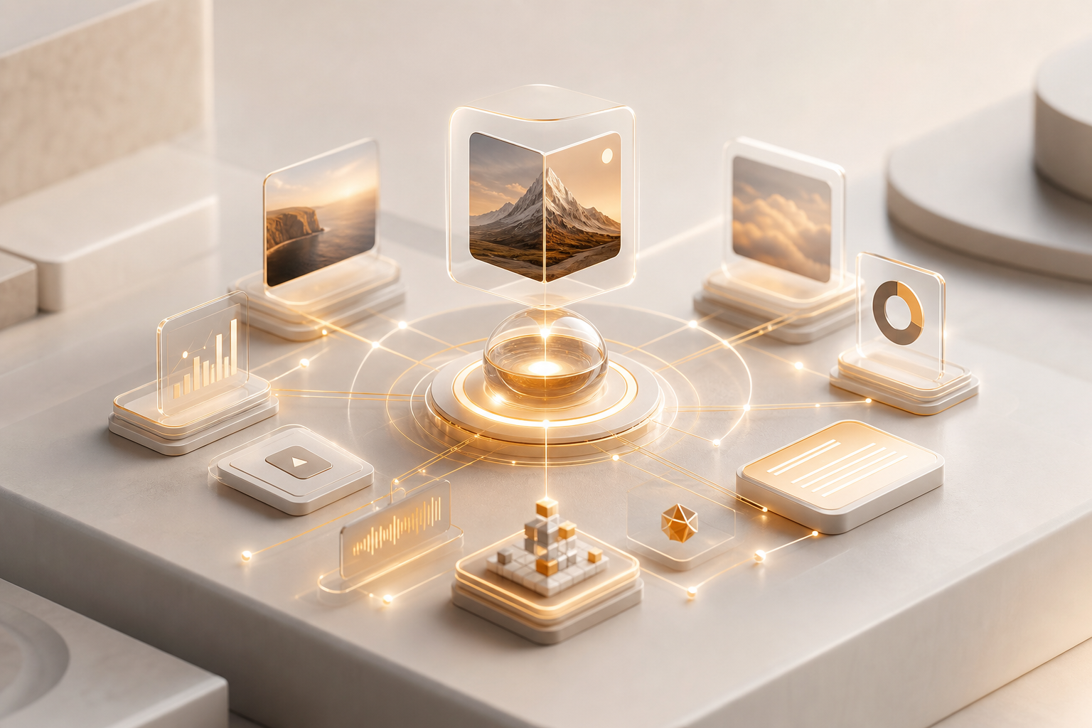 Warm-toned AI system visual with layered automation elements.